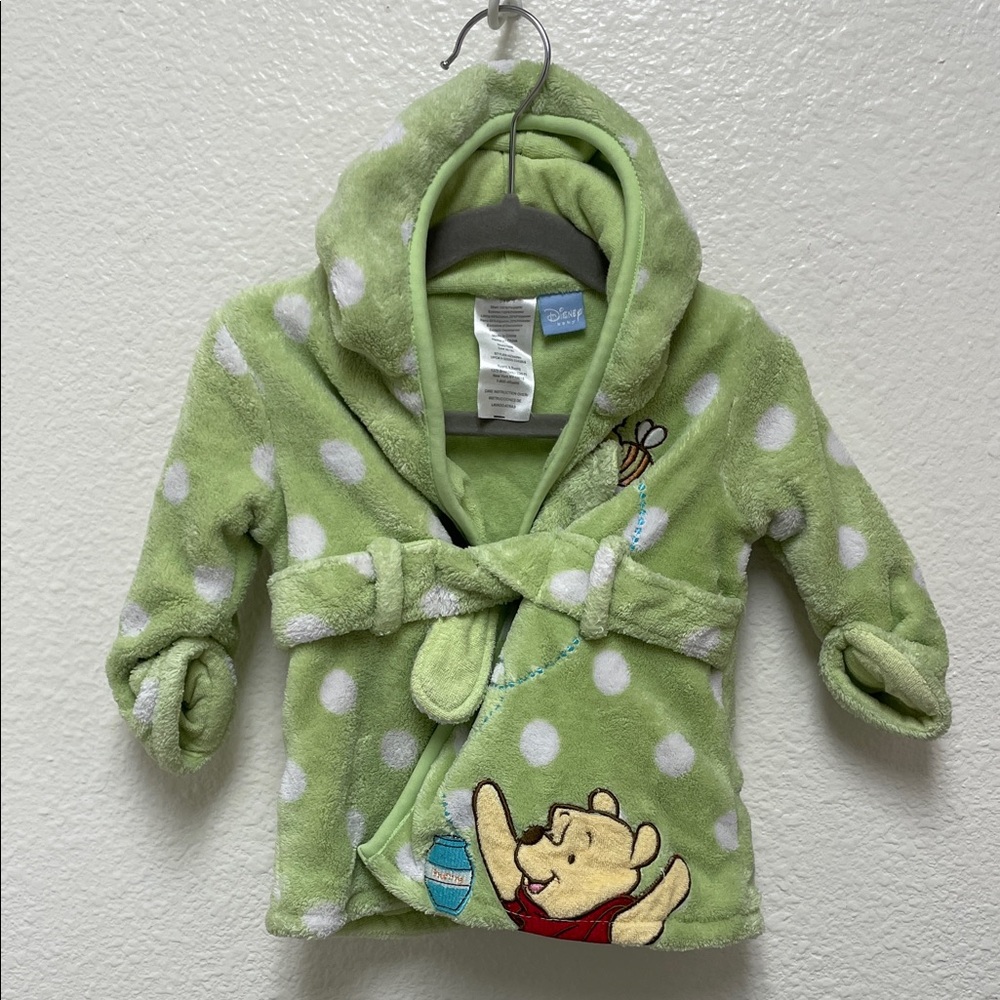 Disney Baby Winnie The Pooh Green and White Polka Dot Hooded Soft Bath Robe